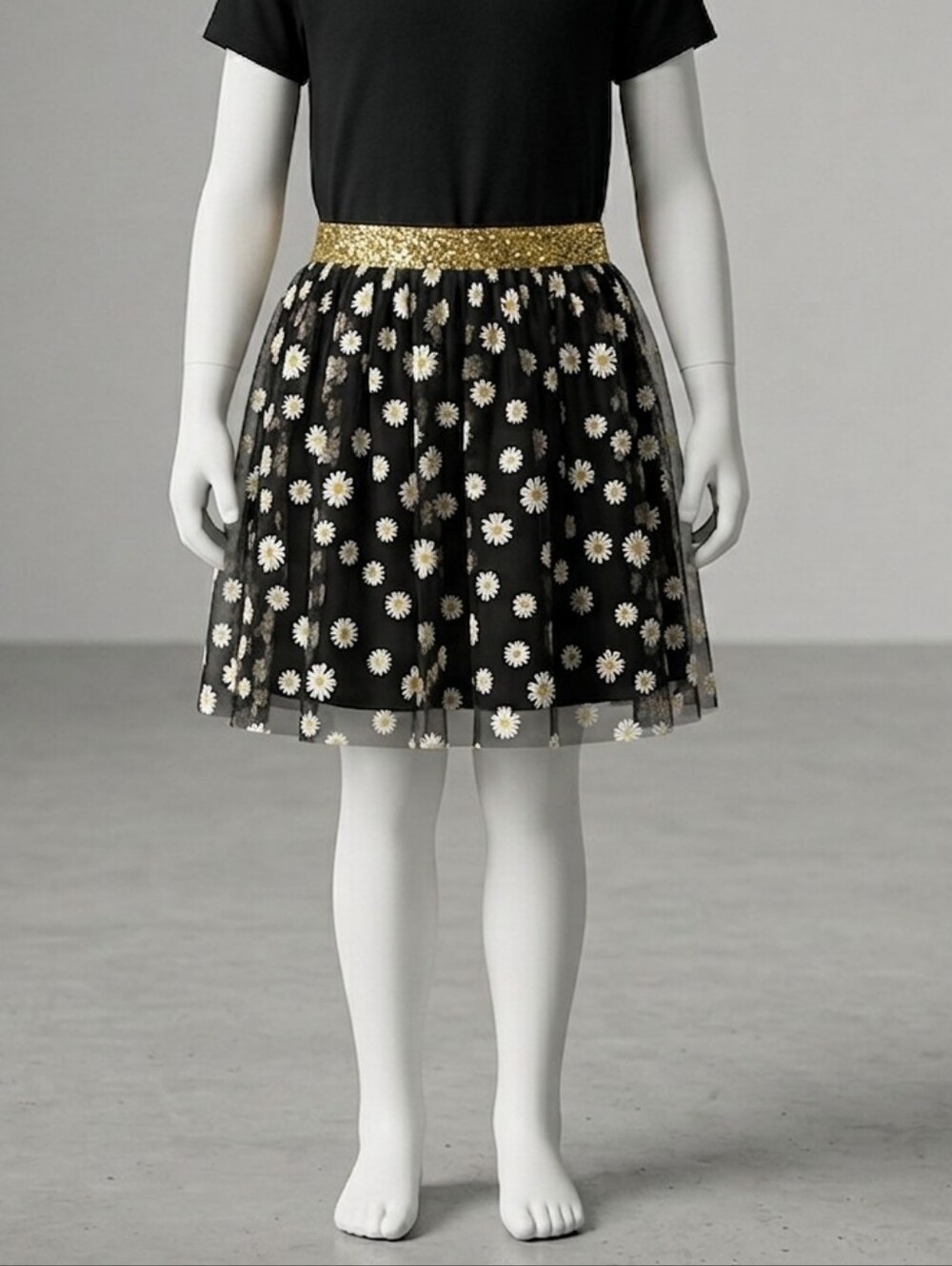 Girls Daisy Floral Print Tulle Mesh Black Skirt Gold Metallic Layered Midi 5-6Y